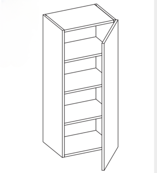 Line drawing of a tall cabinet with five shelves and an open door.